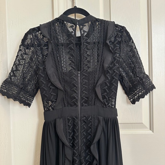 Self-Portrait Black Guipure Lace Pleated Midi Dress – Ruffle High Neck Belted 2 - Picture 5 of 12